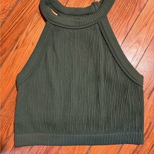 aerie Olive Green Ribbed High-Neck Cropped Tank